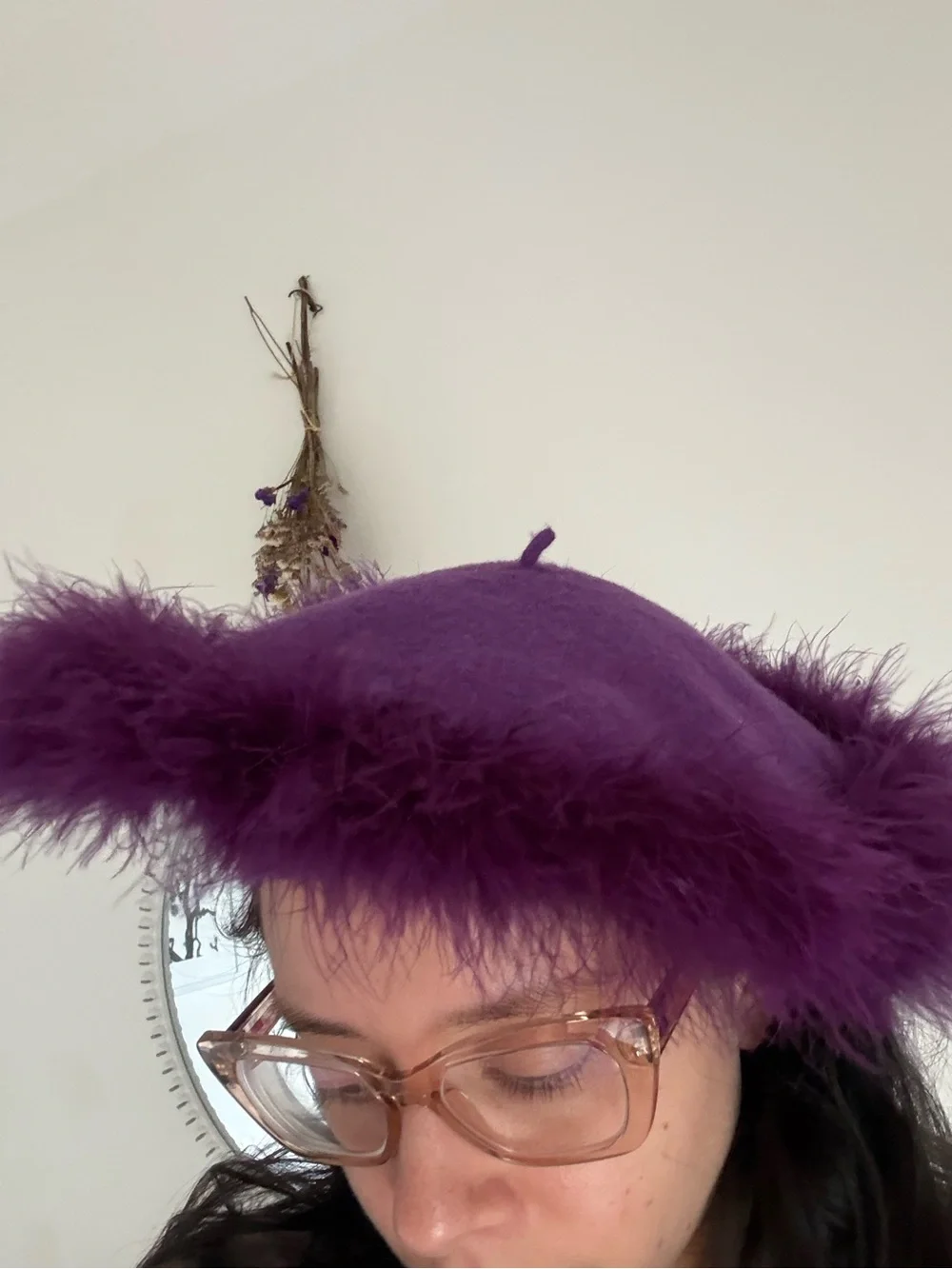 Real Wool Vintage Preston & York Purple Feather-Trim Beret